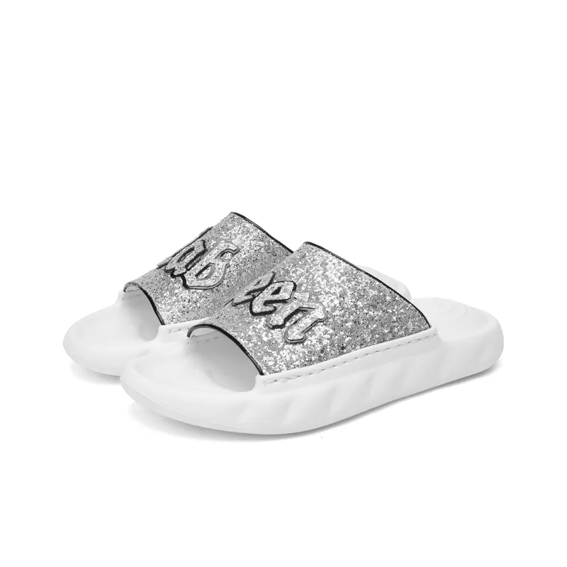 Cabbeen Rubber Sole Sequins Rhinestone Quick Dry Slide Slippers Men's Black-7