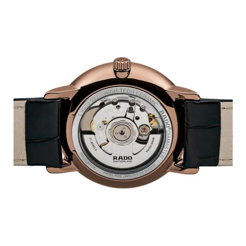 RADO Automatic Mechanical Movement Unisex Watch 41mm Black Dial Steel Case Crocodile Leather Strap-2