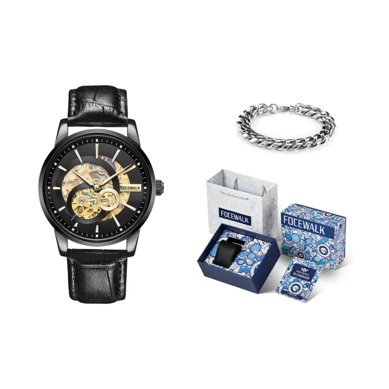 FOCEWALK Mechanical Movement Leather Strap Watch Men's Watches Black Dial-5