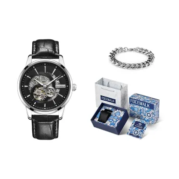 FOCEWALK Mechanical Movement Leather Watch Bands Watch Men's Watches Black Dial FW9037A