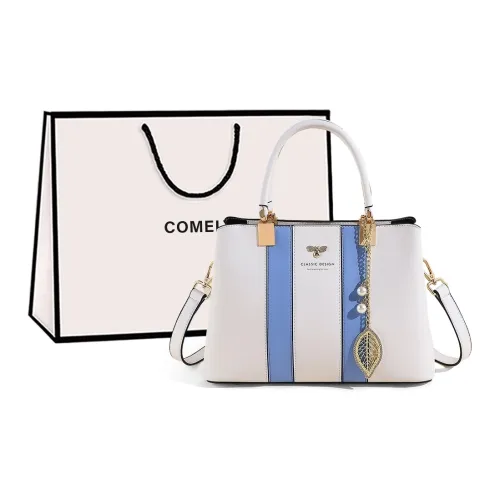 COMELY Cow Leather Patchwork Synthetic Leather Tote Handbag Shoulder Bag Crossbody Bag Large Size Women's Blue & White