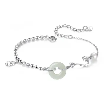 Fu Ru Ji Hetian Jade S925 Silver Bracelet Women's Pale Greenish White Jade
