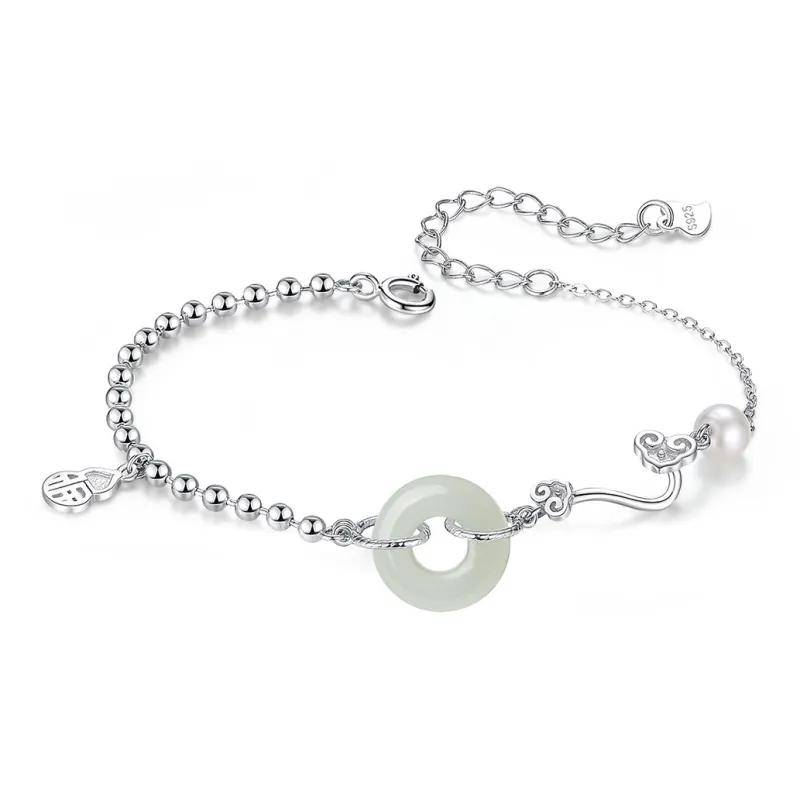 Fu Ru Ji Hetian Jade S925 Silver Bracelet Women's Pale Greenish White Jade-0