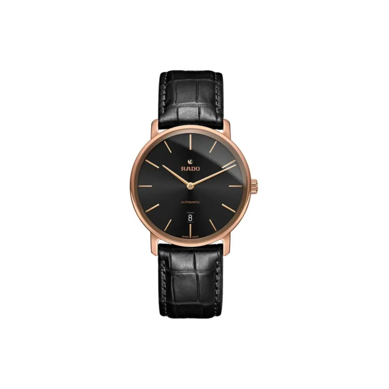 RADO Automatic Mechanical Movement Unisex Watch 41mm Black Dial Steel Case Crocodile Leather Strap-0