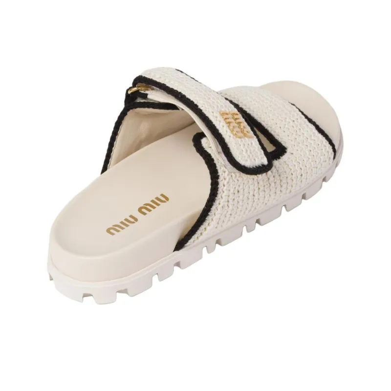 MIU MIU Woven Slide Slippers Women's Beige-4
