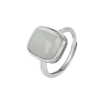 Xiaoyinjiang 925 Sterling Silver Hetian Jade Rings Women's Pale Greenish-White Jade
