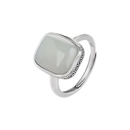 Xiaoyinjiang 925 Sterling Silver Hetian Jade Rings Women's Pale Greenish-White Jade