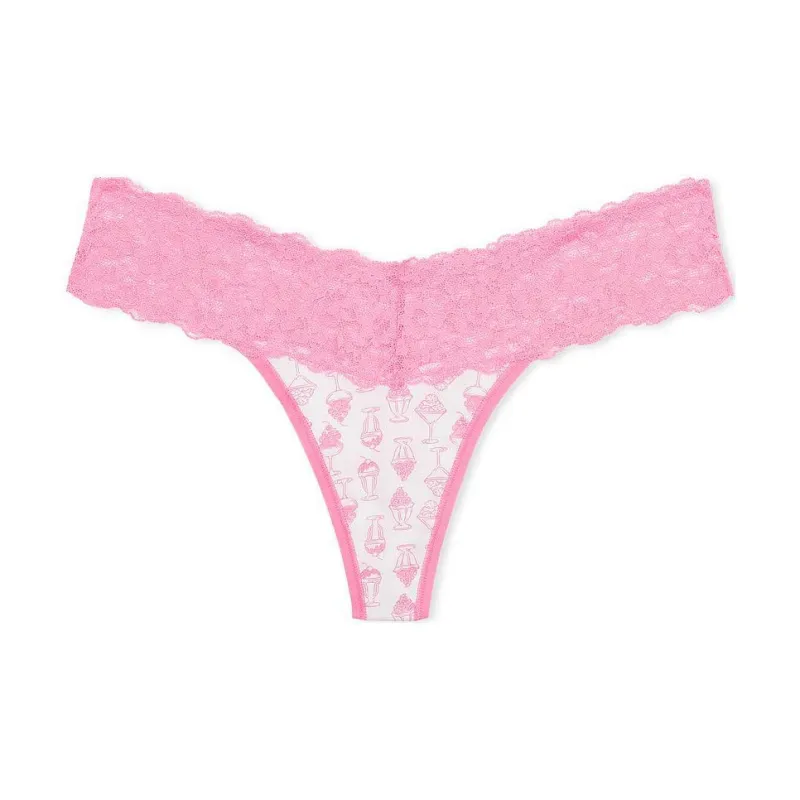Victoria's Secret PINK THE LACIE Lace-Waist Cotton Thong Panty/Pink I C Underpants Women's 1 Pack Pink Print-0