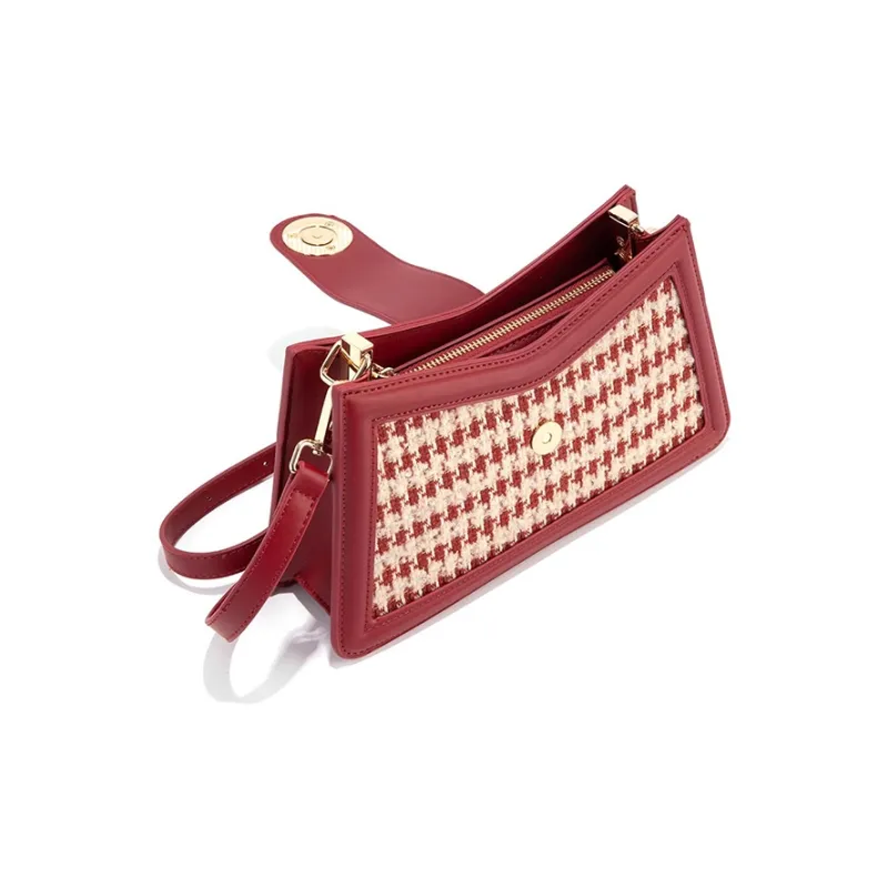 CLEVER& KETCH PU Wool Houndstooth Shoulder Bag Small Size Women's Red-2