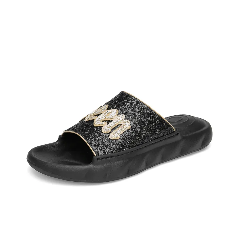 Cabbeen Rubber Sole Sequins Rhinestone Quick Dry Slide Slippers Men's Black-1