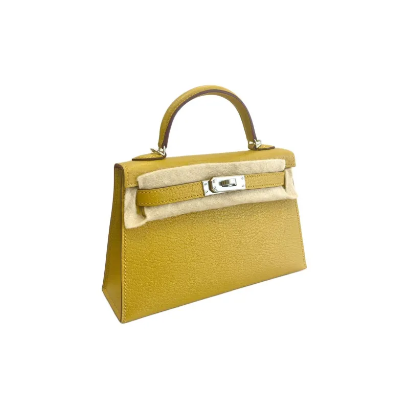 HERMES Kelly Goatskin Kelly Bag Shoulder Bag Crossbody Bag Handbag Mini Women's Amber Yellow With Beige Lining-1
