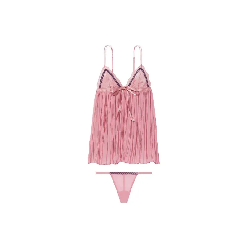 Victoria's Secret PINK VERY SEXY Lacebowstrapsexybabynightgown/dd Underwear Set Women's Rose Purple-0