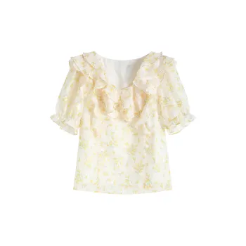 KUNZHUDAXIANG Summer Fashion Choice Shirt Women's Yellow Floral