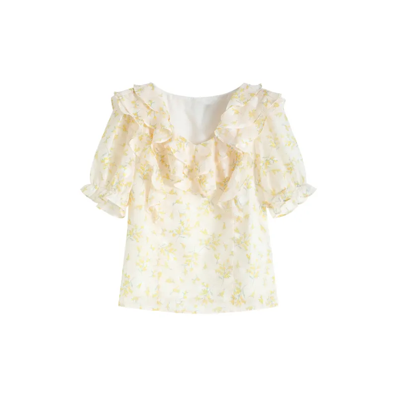 KUNZHUDAXIANG Summer Fashion Choice Shirt Women's Yellow Floral-0