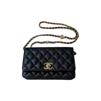 CHANEL Grain Shiny Litchi Calfskin Leather Chain Bag, Shoulder Bag, Crossbody Bag Women's Black