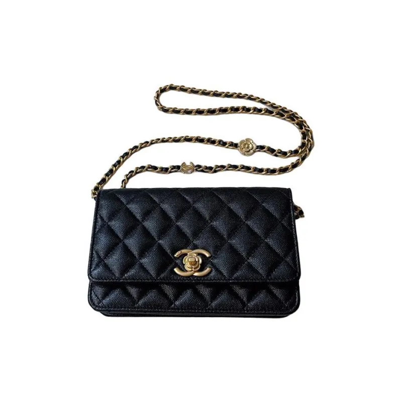 CHANEL Grain Shiny Litchi Calfskin Leather Chain Bag, Shoulder Bag, Crossbody Bag Women's Black-0