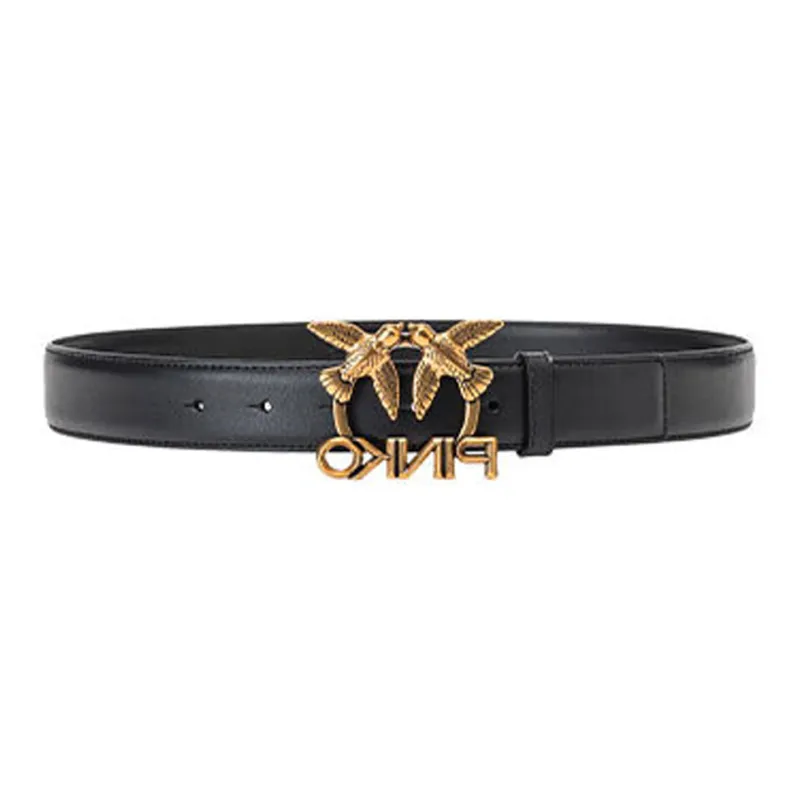 PINKO Emblem Design, Smooth Buckle Leather Belts Women's Black Width 3CM-1