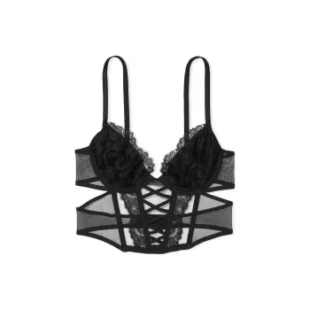 Victoria's Secret PINK/DREAMANGELS Boho Floral EmbroideryLow-Cut Demi CorsetTop Bra Women's Black