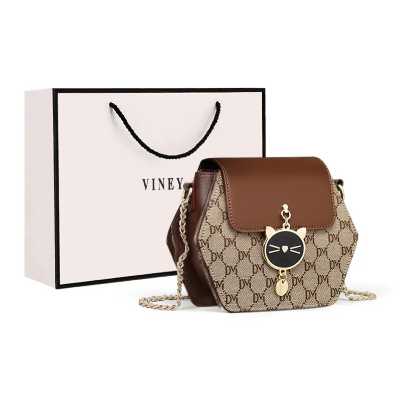 VINEY Fabric With Synthetic Leather Shoulder Bag Crossbody Bag Small Size Women's Coffee-0