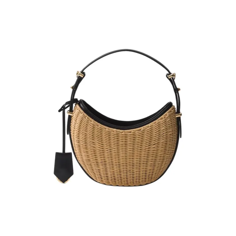 PRADA Arque Woven Fabric Handbag Women's Tan & Black-2