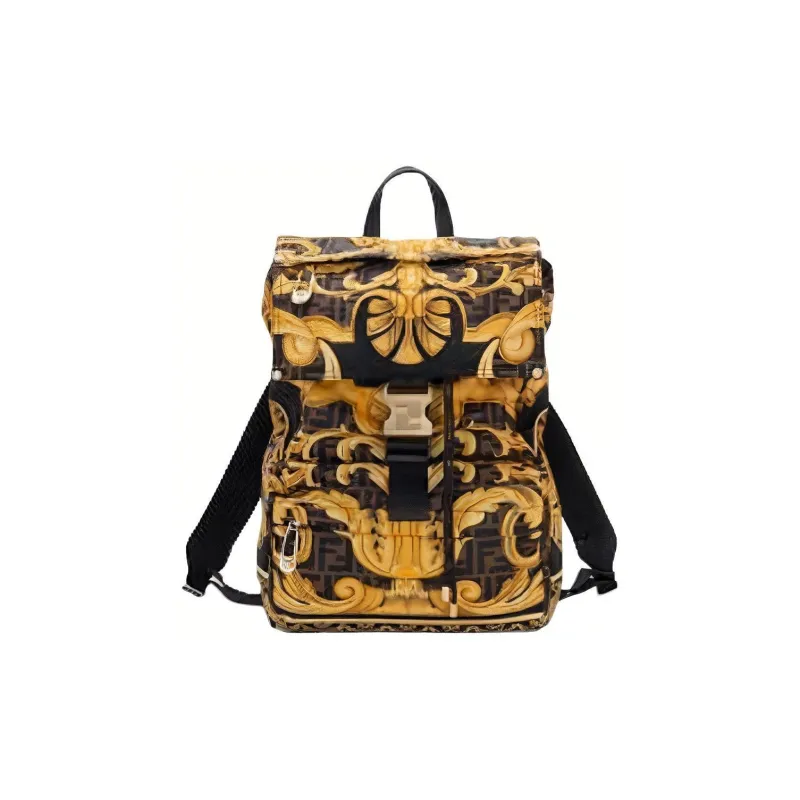 FENDI Versace Collaboration Nylon Fabric Backpack Medium Size Men's Black-1