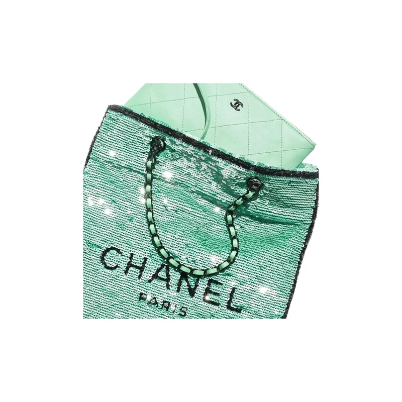 CHANEL Sequins Handbag, Shoulder Bag Regular Women's Green & Black-3