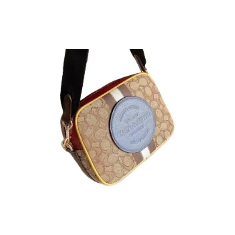 COACH Dempsey Canvas With Leather Camera Bags Shoulder Bags Women's Khaki & Deep Red-4