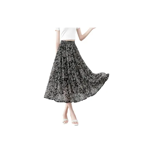 TOUCH Casual Long Skirts Women's Black Base With Beige Gray Floral Pattern