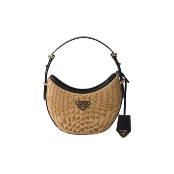 PRADA Arque Woven Fabric Handbag Women's Tan & Black