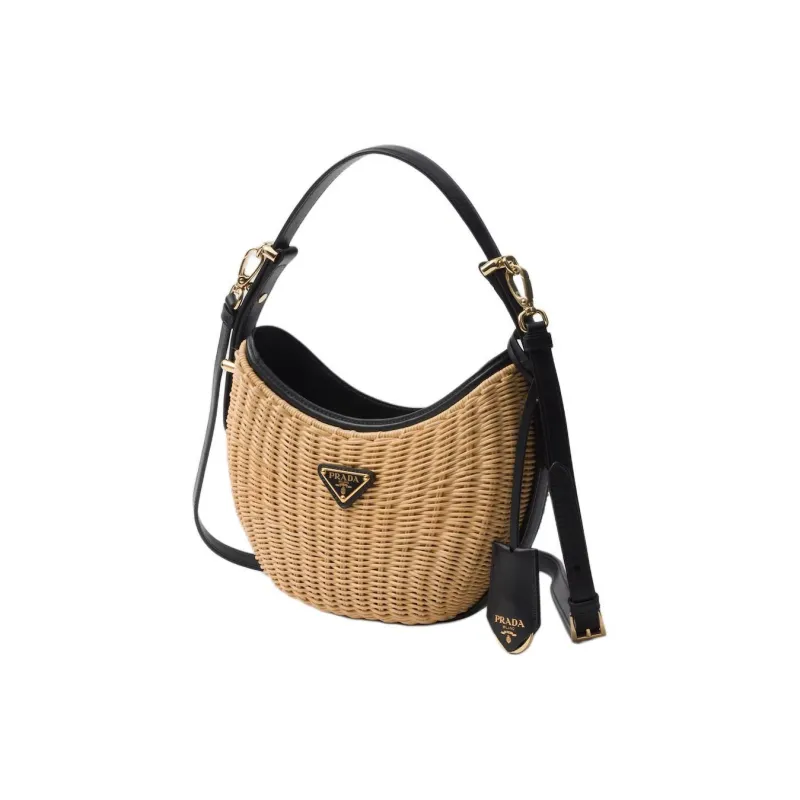 PRADA Arque Woven Fabric Handbag Women's Tan & Black-1