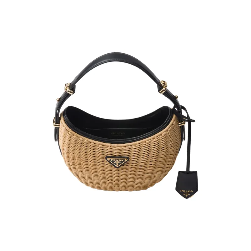 PRADA Arque Woven Fabric Handbag Women's Tan & Black-3