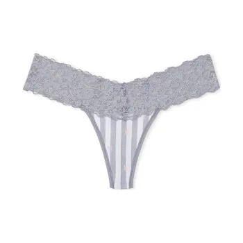 Victoria's Secret PINK/THE LACIE Lace-Waist Cotton Thong Panty/Stripe Underpants Women's 1 Pack Gray Stripes