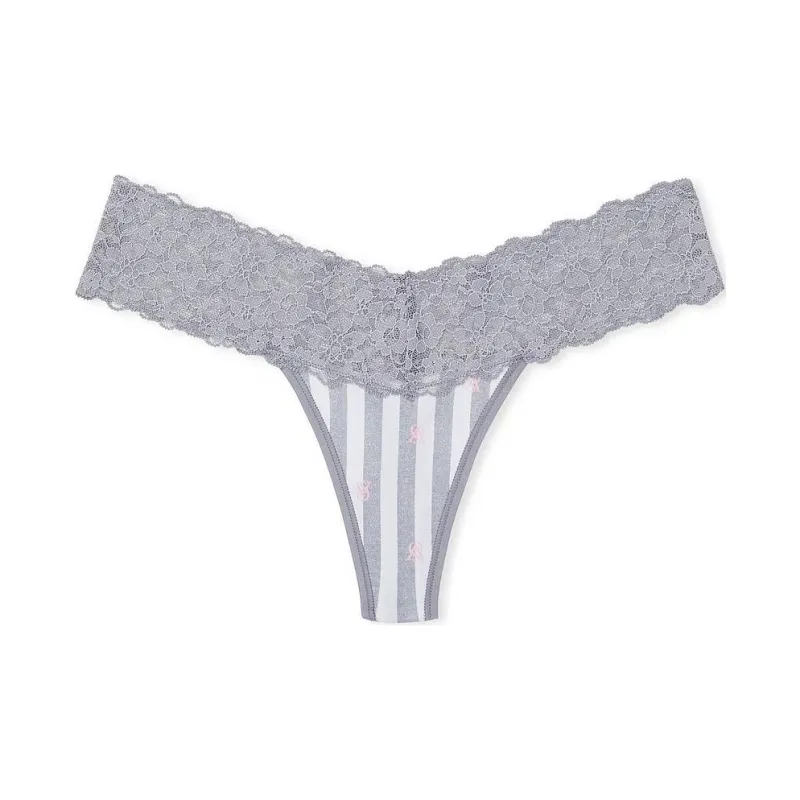 Victoria's Secret PINK/THE LACIE Lace-Waist Cotton Thong Panty/Stripe Underpants Women's 1 Pack Gray Stripes-0