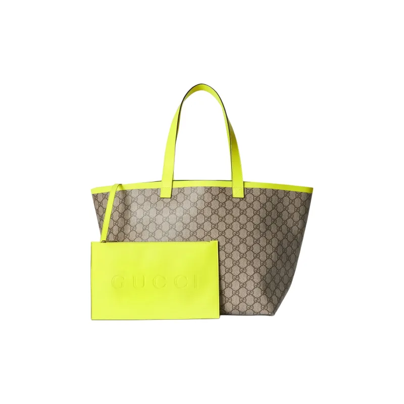 GUCCI Canvas With Leather Canvas Bag Tote Bag Shopping Bag Shoulder Bag Handbag Medium Size Women's Beige & Neon Yellow-3