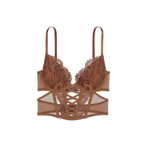 Victoria's Secret PINK/DREAMANGELS Boho Floral Embroidery LowCut DemiCorset Top Bra Women's Caramel