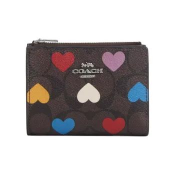 COACH Bifold Coated Canvas With Smooth Leather Wallet Mini Women's Silver & Brown Black Multicolor