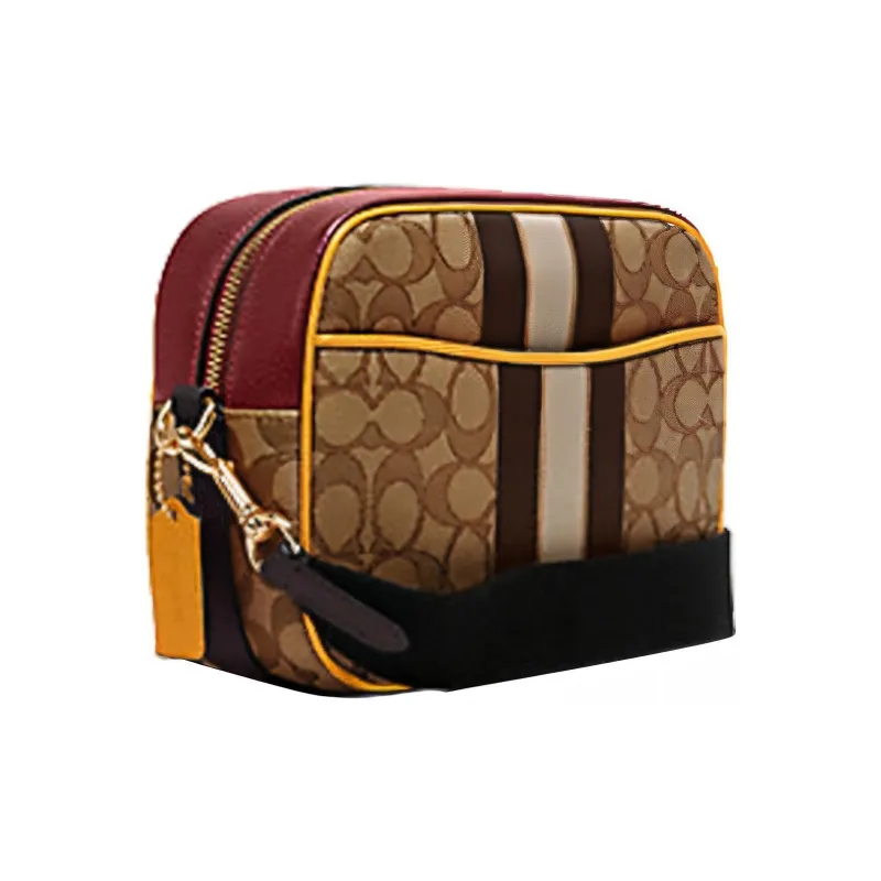 COACH Dempsey Canvas With Leather Camera Bags Shoulder Bags Women's Khaki & Deep Red-1