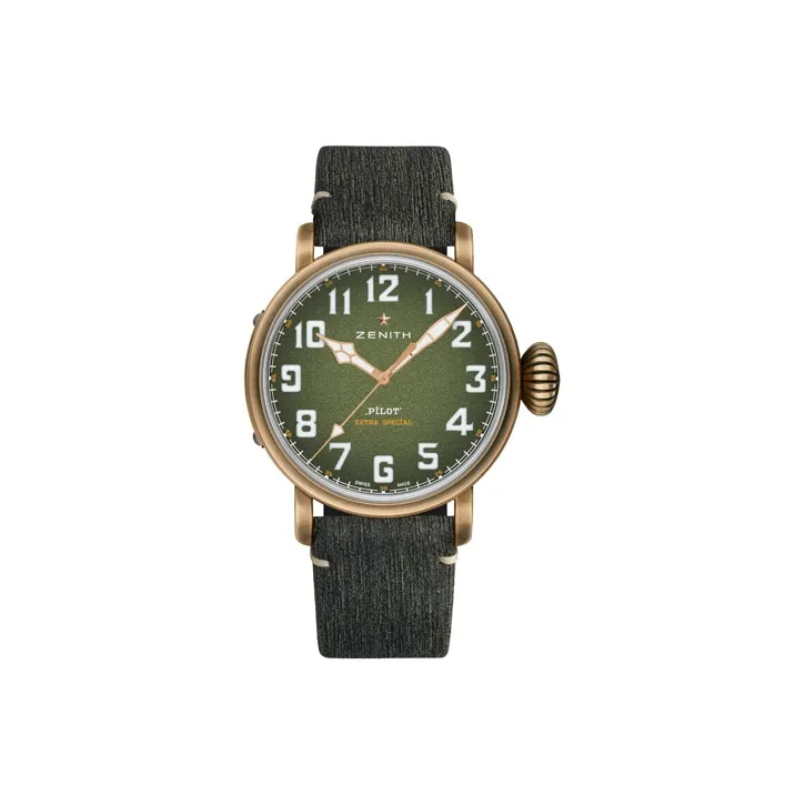 ZENITH PILOT Automatic Mechanical Movement Unisex Watch 45mm Green Dial Bronze Watch Case Genuine Leather Strap-0