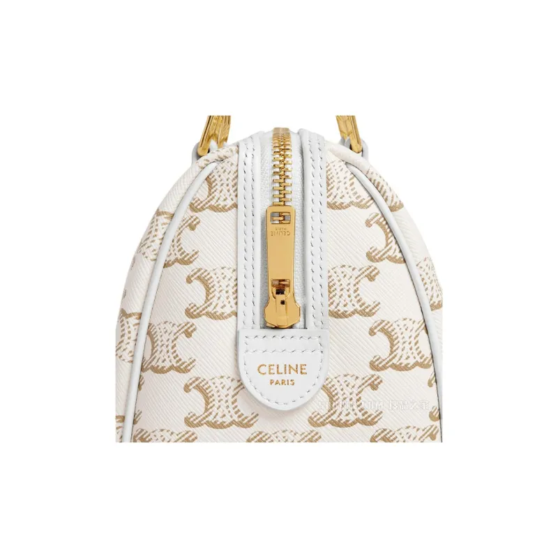 CELINE Triomphe Canvas With Calfskin Boston Bag, Crossbody Bag, Shoulder Bag, Handbag Women's White-4