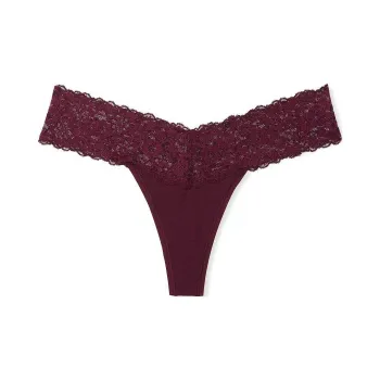 Victoria's Secret PINK/THE LACIE Lace-Waist Cotton Thong Panty/Red Underpants Women's 1 Pack Burgundy
