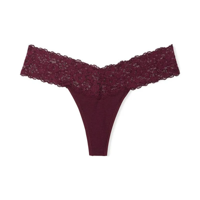 Victoria's Secret PINK/THE LACIE Lace-Waist Cotton Thong Panty/Red Underpants Women's 1 Pack Burgundy-0