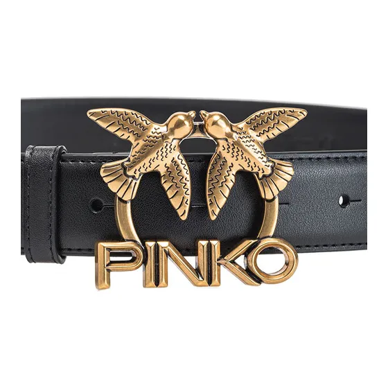 PINKO Emblem Design, Smooth Buckle Leather Belts Women's Black Width 3CM-2