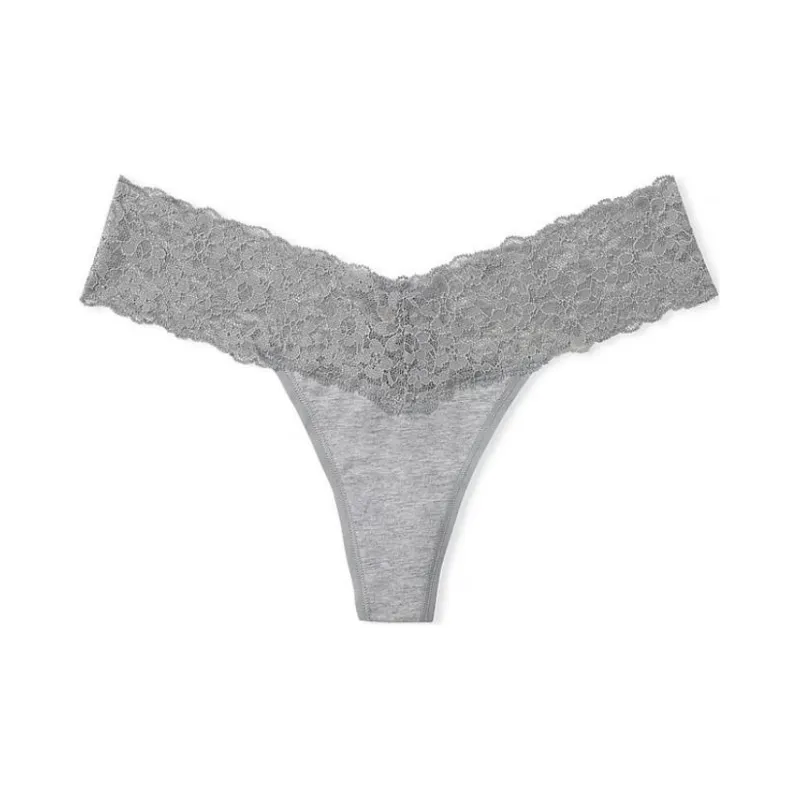 Victoria's Secret PINK/THE LACIE Lace-Waist Cotton Thong Panty/Grey Underpants Women's 1 Pack Gray-0