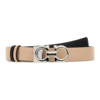 FERRAGAMO Logo Design Smooth Buckle Leather Leather Belts Women's Khaki Width: 3CM