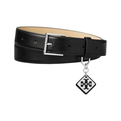 TORY BURCH Logo Tag Smooth Buckle Leather Belts Women's Black