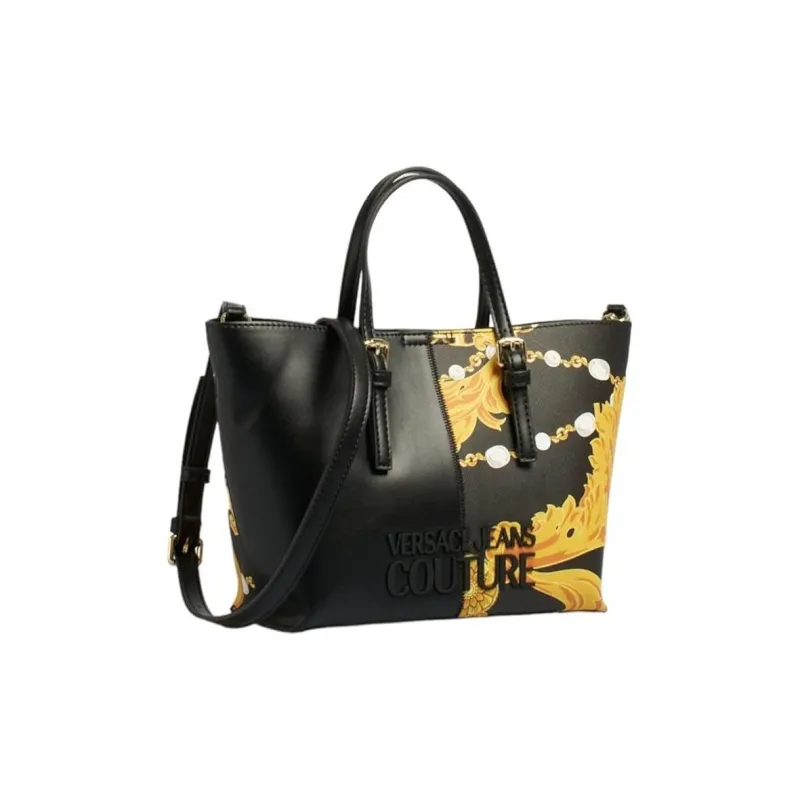VERSACE JEANS COUTURE Artificial Leather Tote Bag, Shopping Bag, Handbag Women's Black & Gold-1