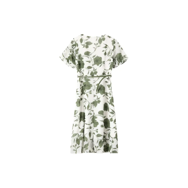 IQC Short Sleeved Dresses Women's White Base With Green Floral Pattern-1