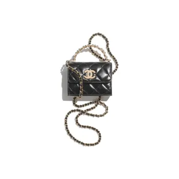 CHANEL Bright Crinkle Lambskin Artificial Pearl Handbag, Shoulder Bag, Crossbody Bag Small Size Women's Black