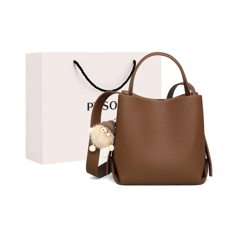 PT'SON Cow Leather, Synthetic Leather Bucket Bag Handbag Regular Women's Vanilla/Cool Tea Brown/Hot Cocoa-9