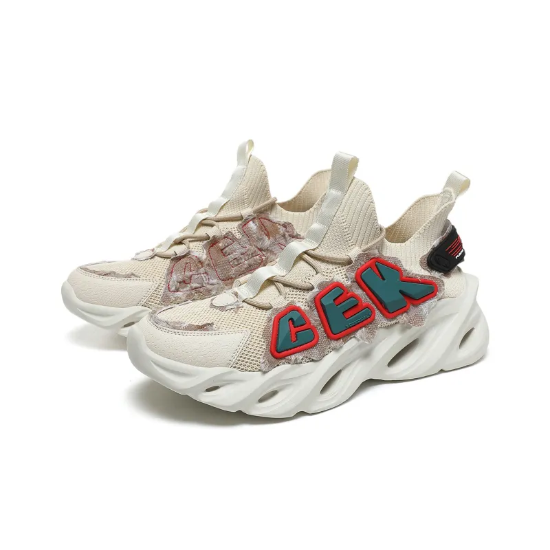 CEKOOM Cushioning Anti-Slip And Wear-Resistant Chunky Sneakers Unisex Beige Green-2